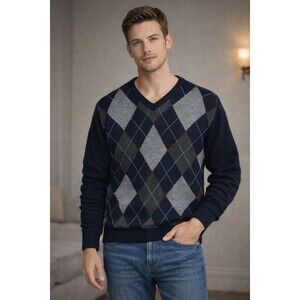 Koman Jeans Mens Argyle Sweater V-Neck Navy‎ Gray Preppy Academia Sz M